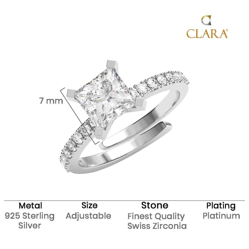 Clara 925 Silver Swiss Zircon Platinum Plated Adjustable Elodie Princess Cut Solitaire Finger Ring : CSFR106