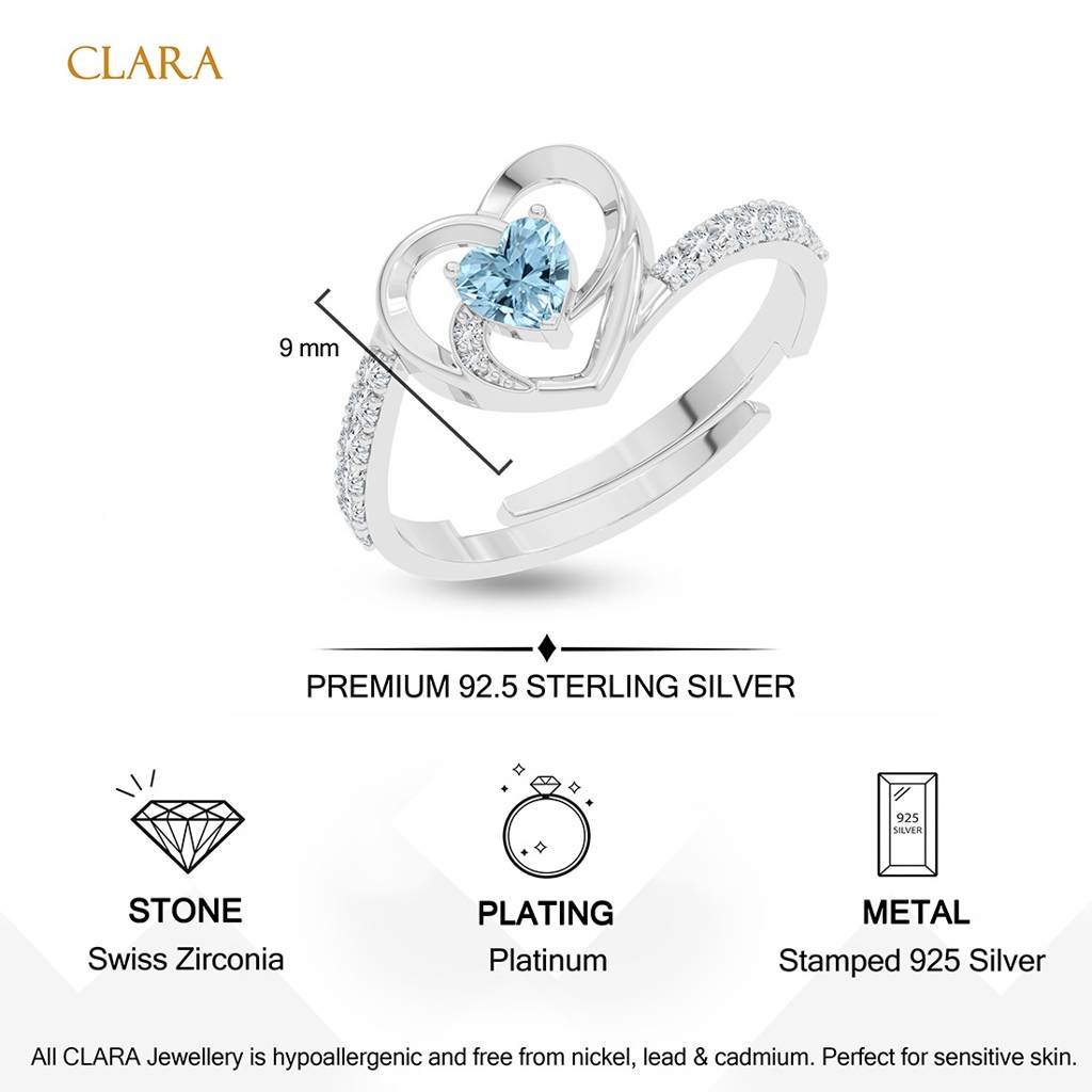 925 Silver Swiss Zircon Platinum Plated Size Adjustable Olesya Heart Finger Ring For Women & Girls : CSFR107