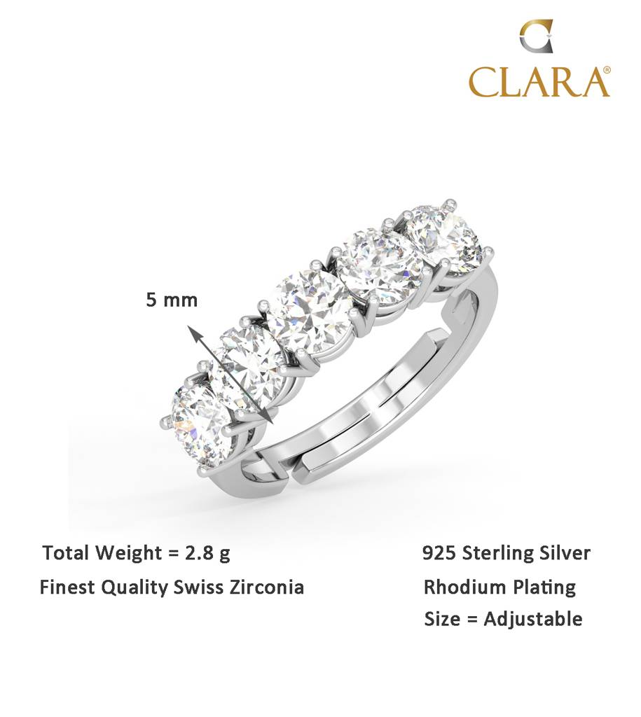 Clara 925 Sterling Silver Swiss Zircon Rhodium Plated 5 Stone Eternity Finger Ring With Adjustable Band : CSFR17
