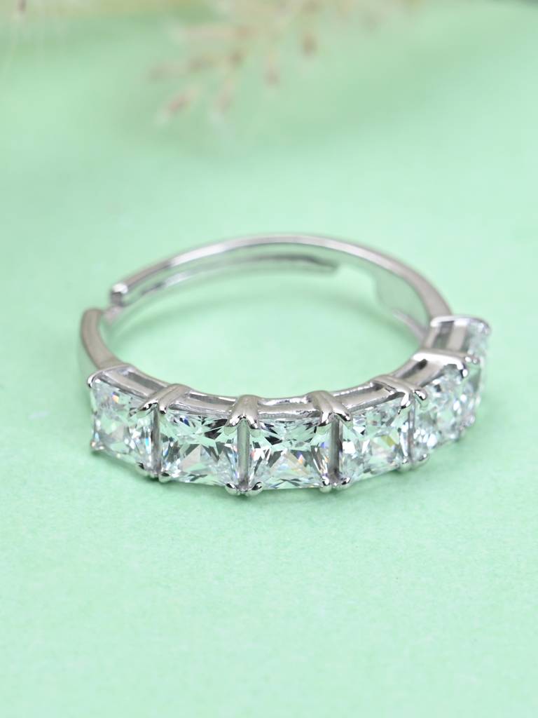 Clara 925 Sterling Silver Swiss Zircon Rhodium Plated Square Eternity Finger Ring With Adjustable Band : CSFR18