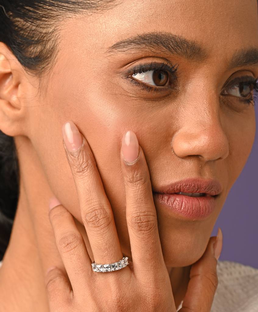 Clara 925 Sterling Silver Swiss Zircon Rhodium Plated Square Eternity Finger Ring With Adjustable Band : CSFR18