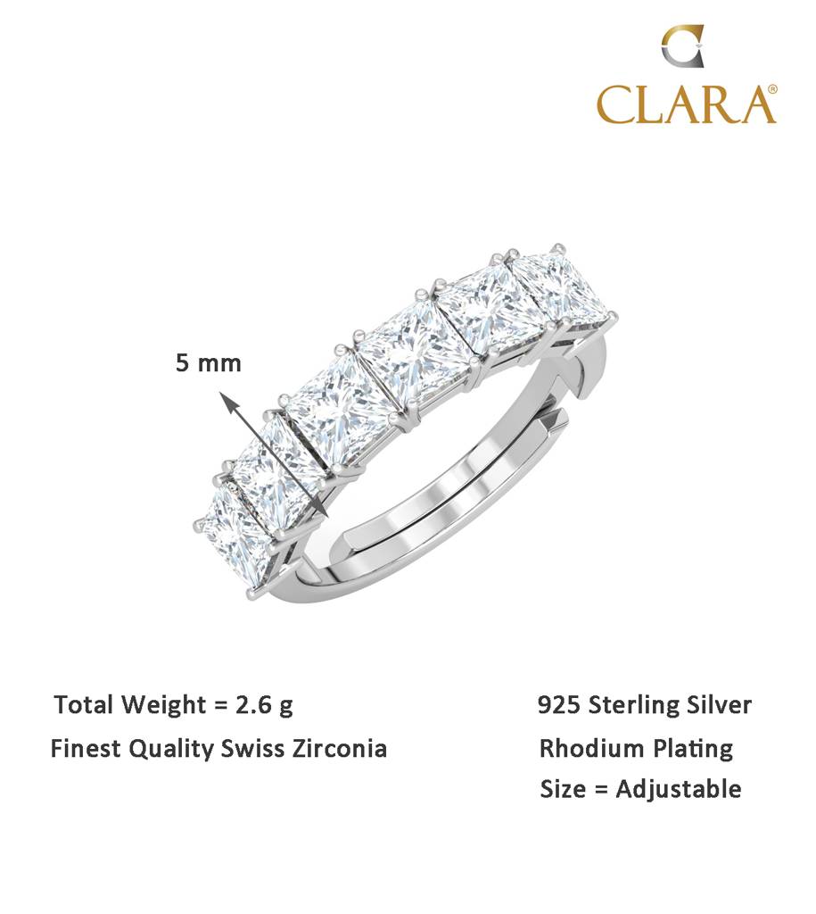 Clara 925 Sterling Silver Swiss Zircon Rhodium Plated Square Eternity Finger Ring With Adjustable Band : CSFR18