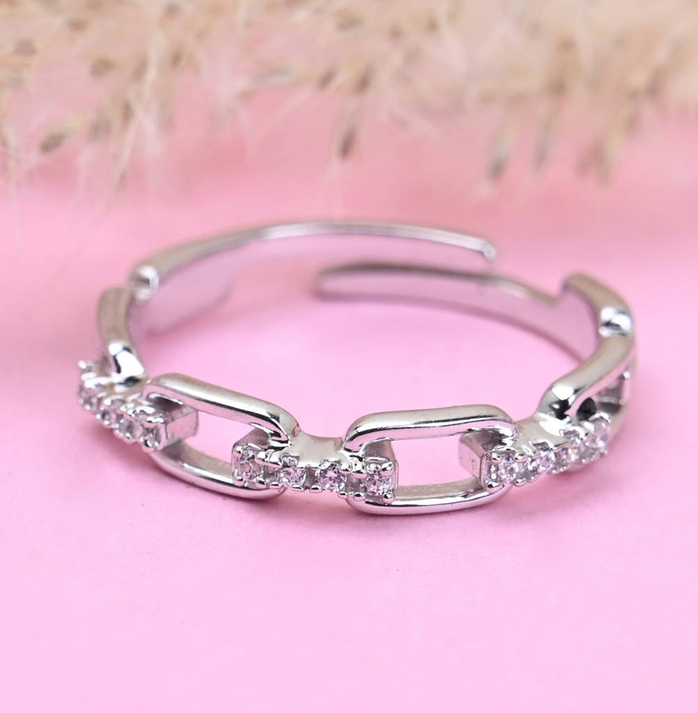 Clara 925 Sterling Silver Swiss Zircon Rhodium Plated Link Chain Finger Ring With Adjustable Band : CSFR23