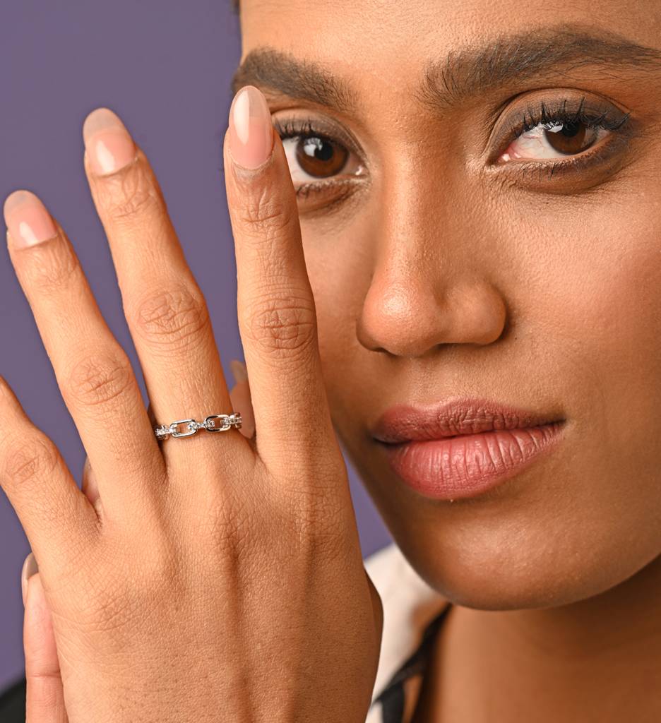 Clara 925 Sterling Silver Swiss Zircon Rhodium Plated Link Chain Finger Ring With Adjustable Band : CSFR23