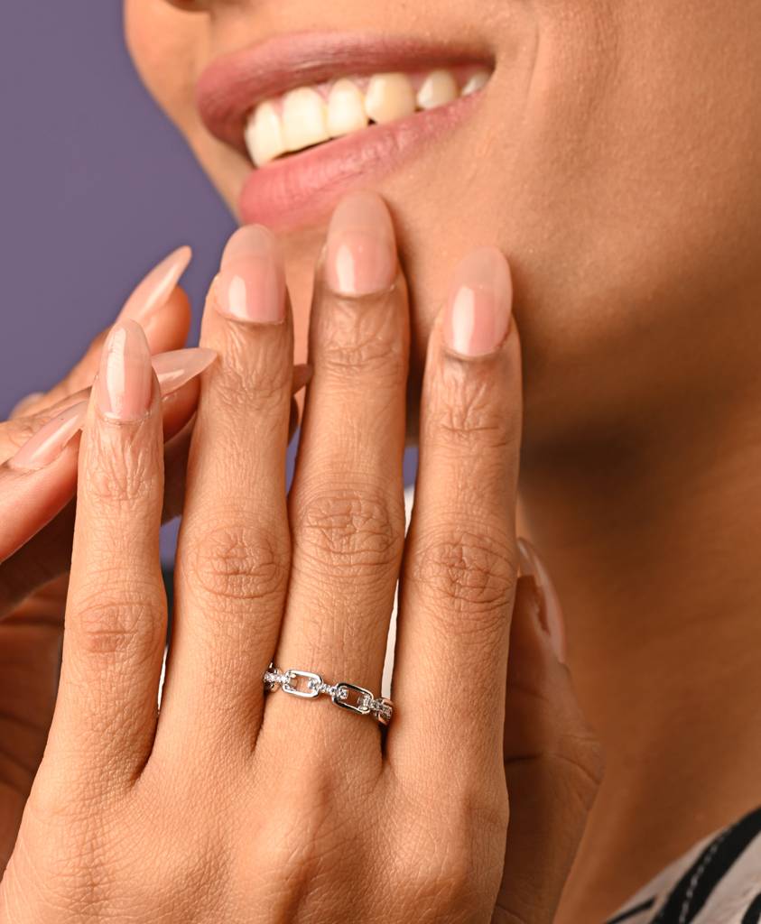 Clara 925 Sterling Silver Swiss Zircon Rhodium Plated Link Chain Finger Ring With Adjustable Band : CSFR23