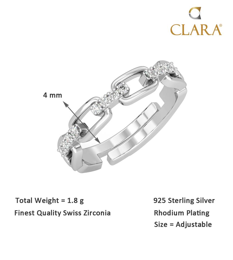Clara 925 Sterling Silver Swiss Zircon Rhodium Plated Link Chain Finger Ring With Adjustable Band : CSFR23