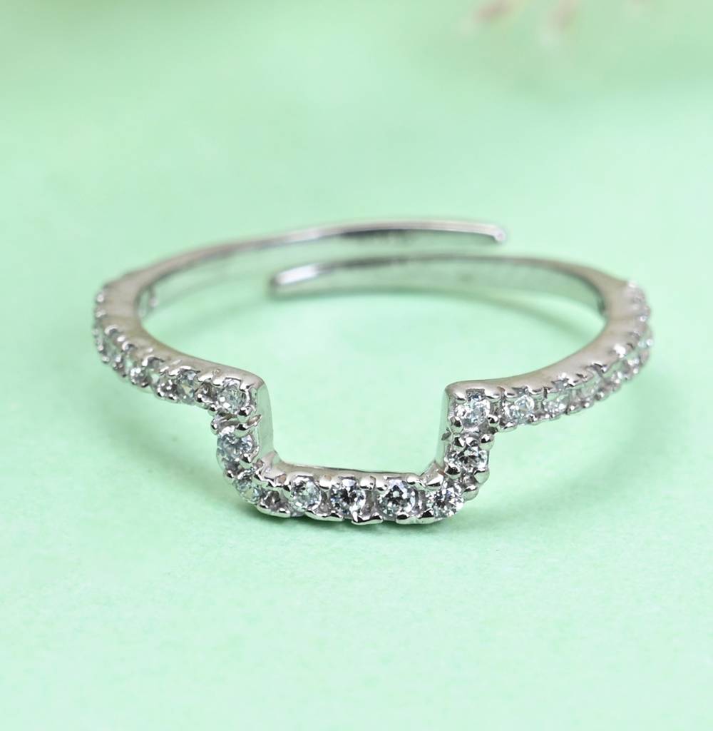 Clara 925 Sterling Silver Swiss Zircon Rhodium Plated U Shape Finger Ring With Adjustable Band : CSFR24