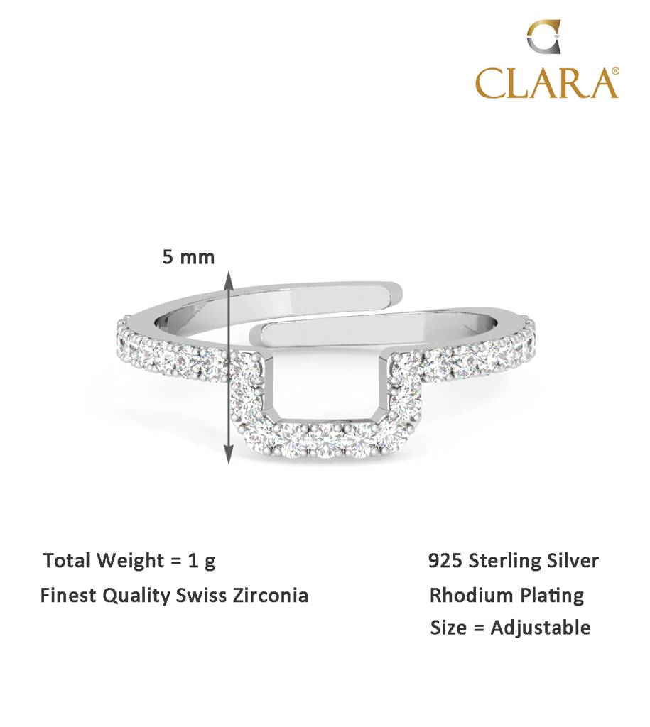 Clara 925 Sterling Silver Swiss Zircon Rhodium Plated U Shape Finger Ring With Adjustable Band : CSFR24