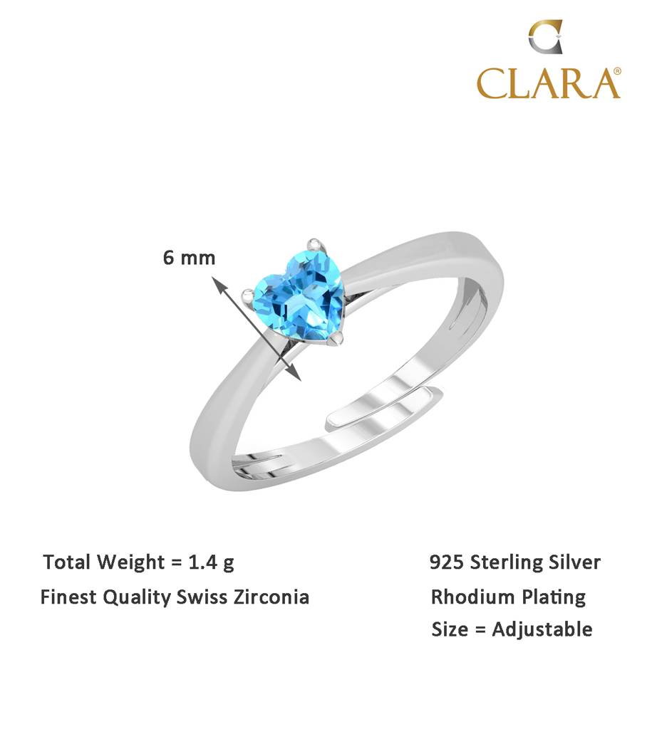 Clara 925 Sterling Silver Swiss Zircon Rhodium Plated Blue Heart Finger Ring With Adjustable Band : CSFR25