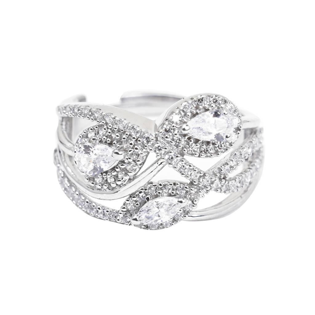 Clara 925 Sterling Silver Swiss Zircon Rhodium Plated Cocktail Finger Ring With Adjustable Band : CSFR29