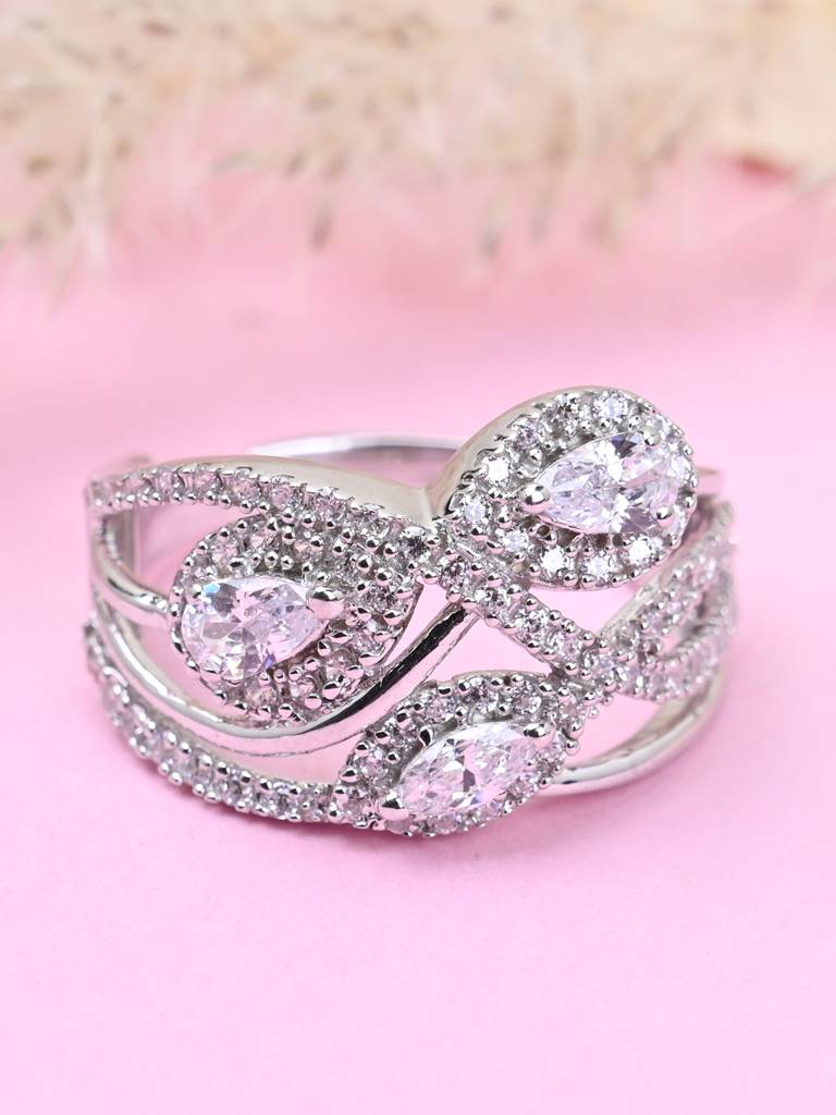 Clara 925 Sterling Silver Swiss Zircon Rhodium Plated Cocktail Finger Ring With Adjustable Band : CSFR29