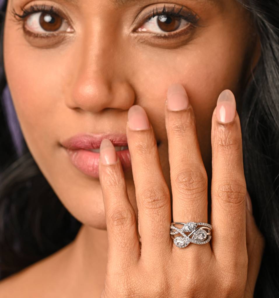 Clara 925 Sterling Silver Swiss Zircon Rhodium Plated Cocktail Finger Ring With Adjustable Band : CSFR29