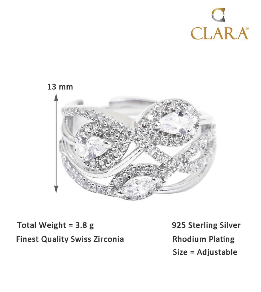 Clara 925 Sterling Silver Swiss Zircon Rhodium Plated Cocktail Finger Ring With Adjustable Band : CSFR29