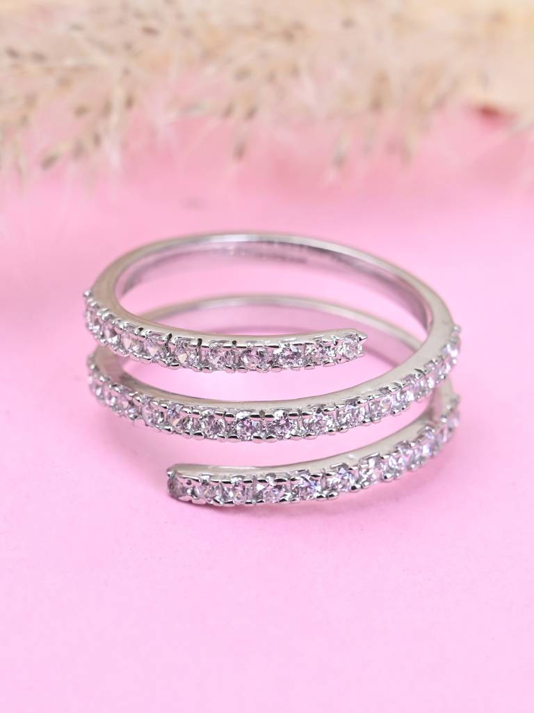 Clara 925 Sterling Silver Swiss Zircon Rhodium Plated Spiral Finger Ring With Adjustable Band : CSFR30