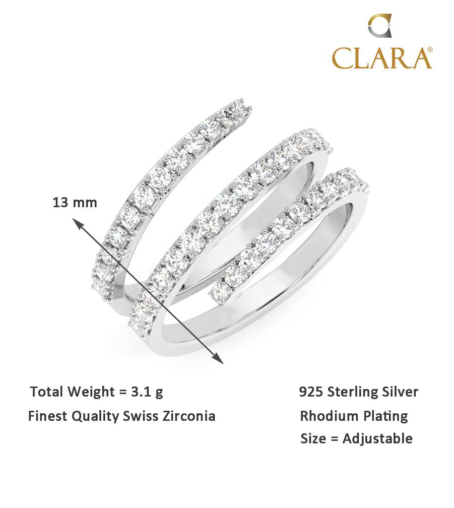 Clara 925 Sterling Silver Swiss Zircon Rhodium Plated Spiral Finger Ring With Adjustable Band : CSFR30