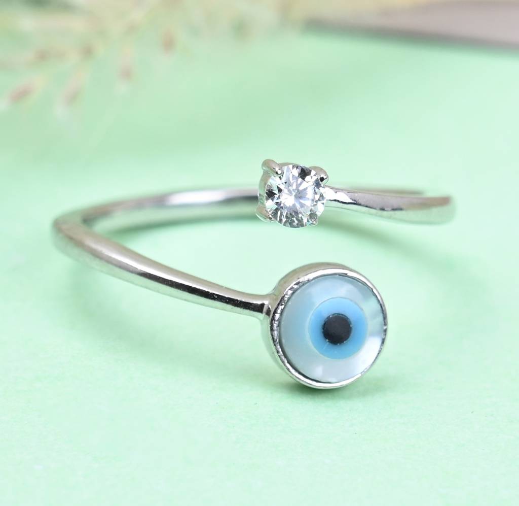 Clara 925 Sterling Silver Swiss Zircon Rhodium Plated Evil Eye Finger Ring With Adjustable Band : CSFR32