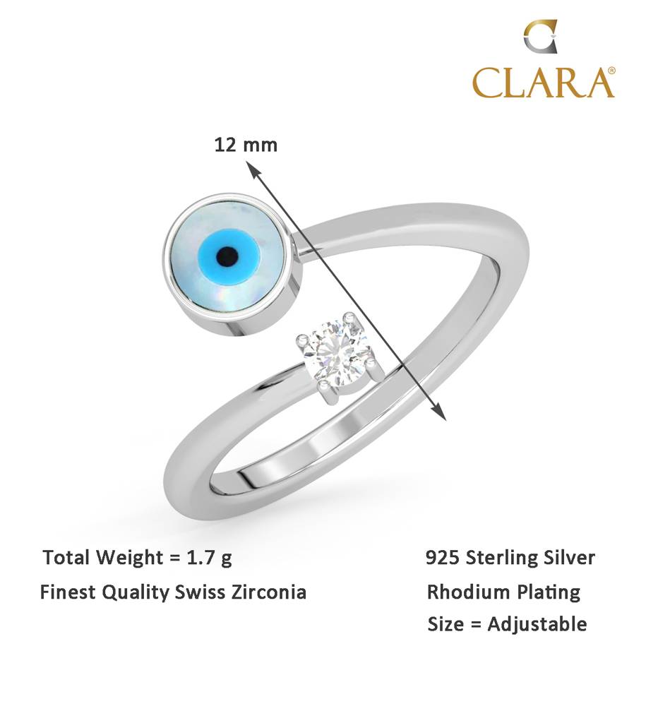 Clara 925 Sterling Silver Swiss Zircon Rhodium Plated Evil Eye Finger Ring With Adjustable Band : CSFR32