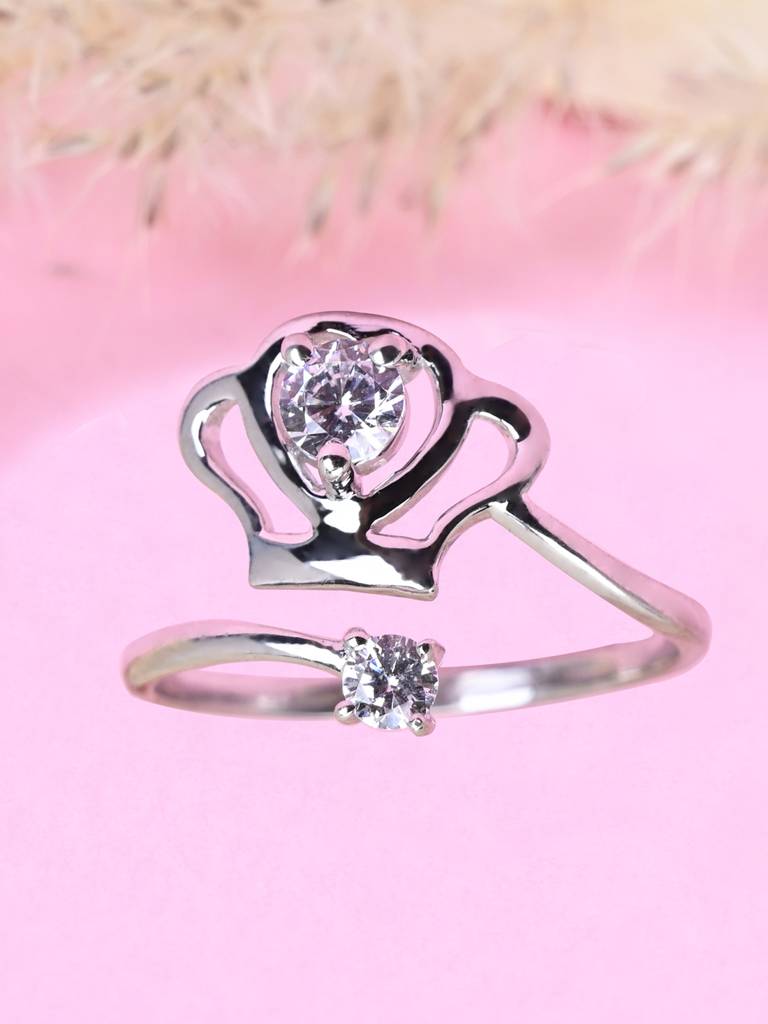 Clara 925 Sterling Silver Swiss Zircon Rhodium Plated Crown Finger Ring  With Adjustable Band Sterling Silver Adjustable Silver