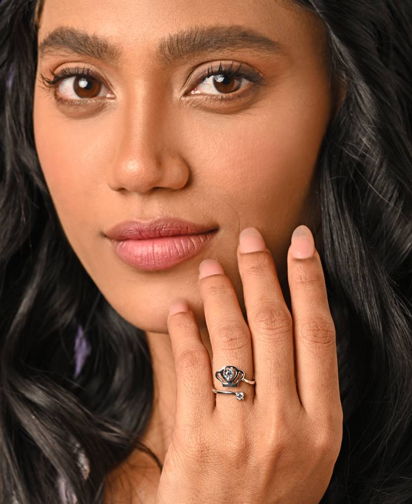 Clara 925 Sterling Silver Swiss Zircon Rhodium Plated Crown Finger Ring With Adjustable Band : CSFR33