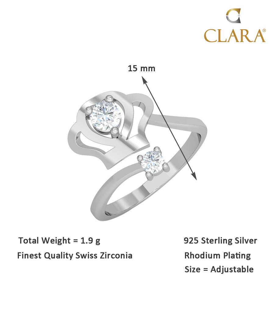 Clara 925 Sterling Silver Swiss Zircon Rhodium Plated Crown Finger Ring With Adjustable Band : CSFR33