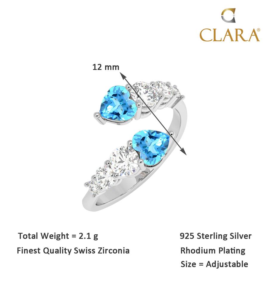 Clara 925 Sterling Silver Swiss Zircon Rhodium Plated Open Heart Finger Ring With Adjustable Band : CSFR37