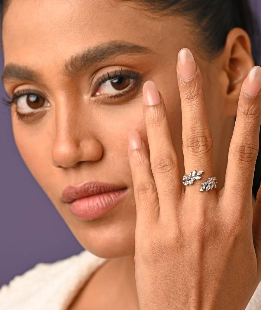 Clara 925 Sterling Silver Swiss Zircon Rhodium Plated Leafy Finger Ring With Adjustable Band : CSFR38