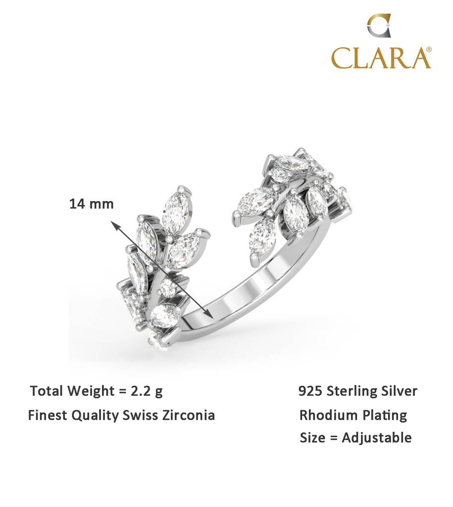 Clara 925 Sterling Silver Swiss Zircon Rhodium Plated Leafy Finger Ring With Adjustable Band : CSFR38