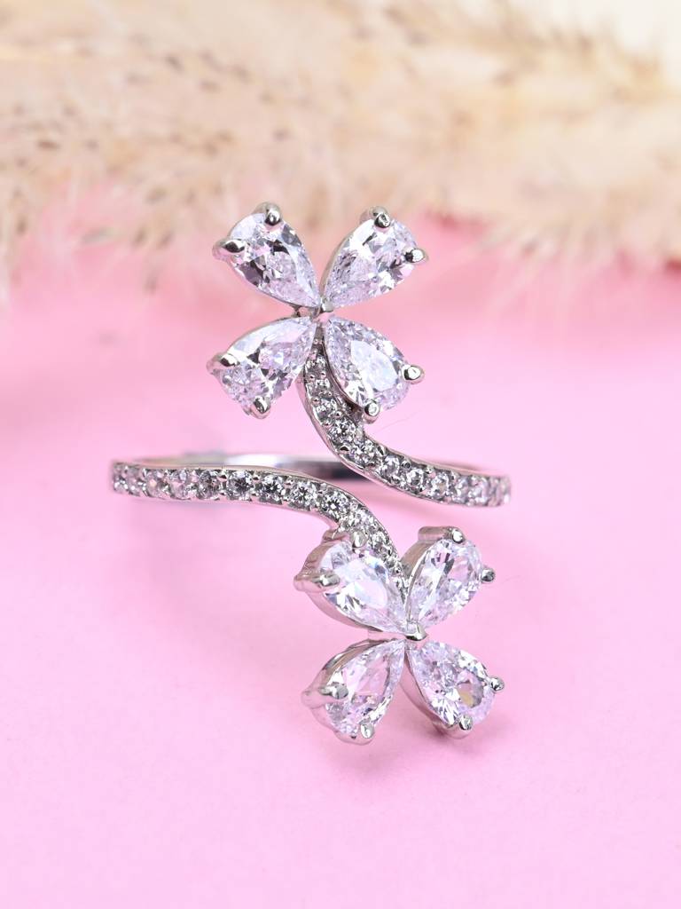 Clara 925 Sterling Silver Swiss Zircon Rhodium Plated Flower Finger Ring With Adjustable Band : CSFR40