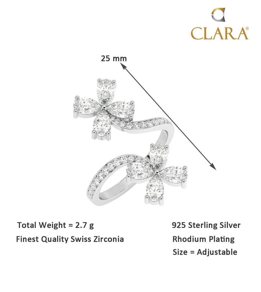 Clara 925 Sterling Silver Swiss Zircon Rhodium Plated Flower Finger Ring With Adjustable Band : CSFR40