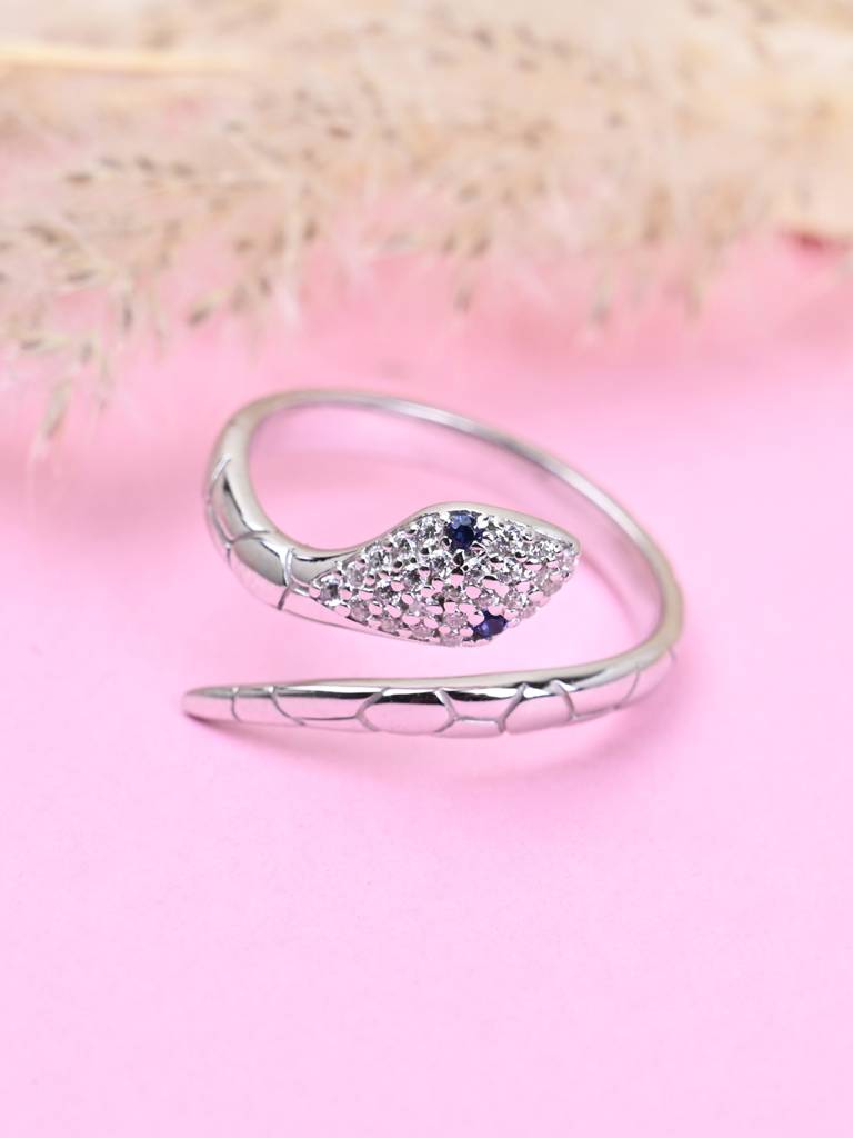 Clara 925 Sterling Silver Swiss Zircon Rhodium Plated Snake Finger Ring  With Adjustable Band Sterling Silver Adjustable Silver