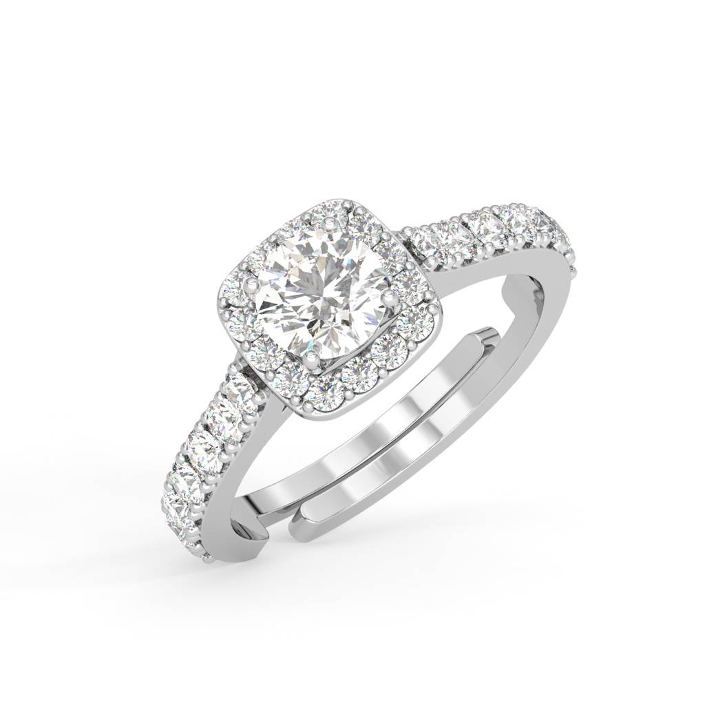 Clara 925 Sterling Silver Swiss Zircon Rhodium Plated Halo Solitaire Finger Ring With Adjustable Band : CSFR43