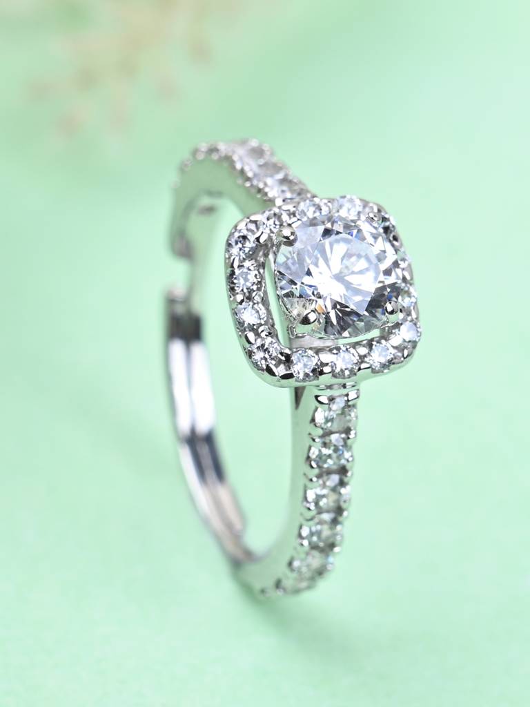 Clara 925 Sterling Silver Swiss Zircon Rhodium Plated Halo Solitaire Finger Ring With Adjustable Band : CSFR43