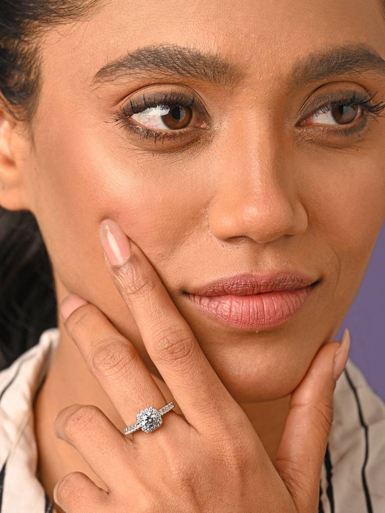 Clara 925 Sterling Silver Swiss Zircon Rhodium Plated Halo Solitaire Finger Ring With Adjustable Band : CSFR43