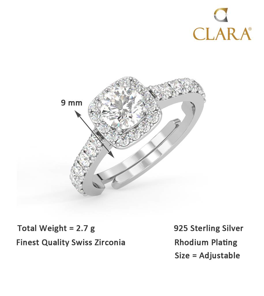 Clara 925 Sterling Silver Swiss Zircon Rhodium Plated Halo Solitaire Finger Ring With Adjustable Band : CSFR43