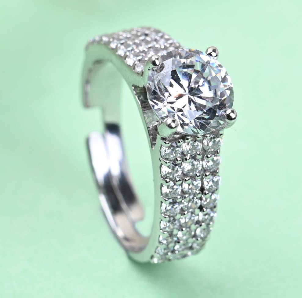 Clara 925 Sterling Silver Swiss Zircon Rhodium Plated Statement Solitaire Finger Ring With Adjustable Band : CSFR45