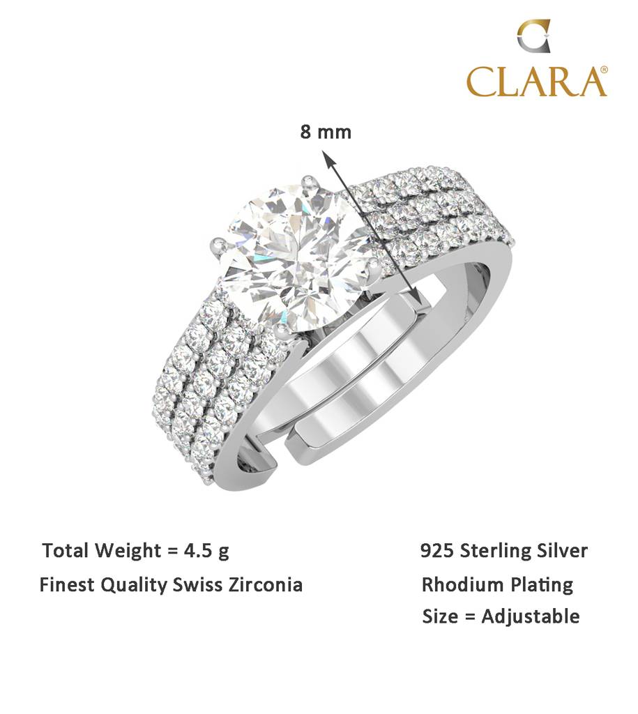 Clara 925 Sterling Silver Swiss Zircon Rhodium Plated Statement Solitaire Finger Ring With Adjustable Band : CSFR45