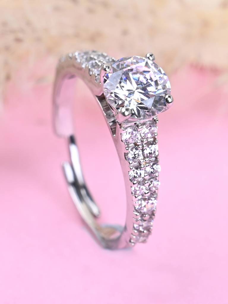 Clara 925 Sterling Silver Swiss Zircon Rhodium Plated V Solitaire Finger Ring With Adjustable Band : CSFR46