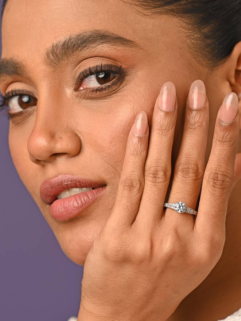 Clara 925 Sterling Silver Swiss Zircon Rhodium Plated V Solitaire Finger Ring With Adjustable Band : CSFR46