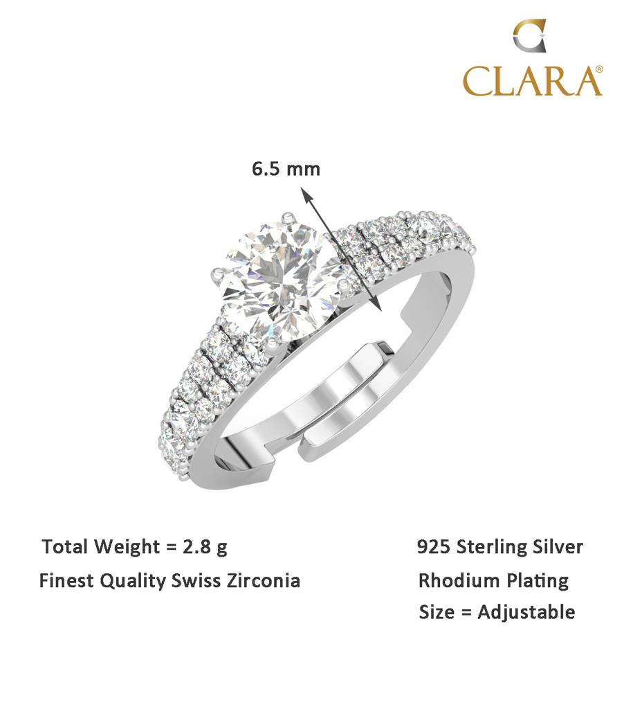 Clara 925 Sterling Silver Swiss Zircon Rhodium Plated V Solitaire Finger Ring With Adjustable Band : CSFR46