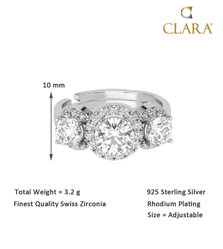 Clara 925 Sterling Silver Swiss Zircon Rhodium Plated Solitaire Wedding Finger Ring With Adjustable Band : CSFR47