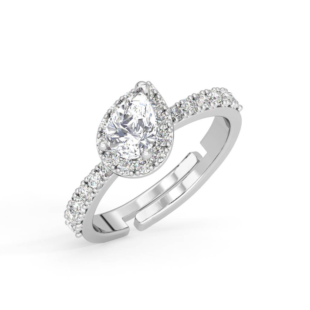 Clara 925 Sterling Silver Swiss Zircon Rhodium Plated Pear Solitaire Finger Ring With Adjustable Band : CSFR48