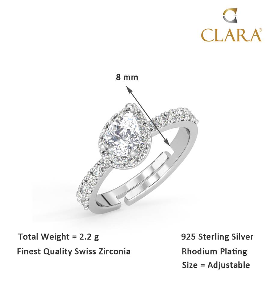 Clara 925 Sterling Silver Swiss Zircon Rhodium Plated Pear Solitaire Finger Ring With Adjustable Band : CSFR48