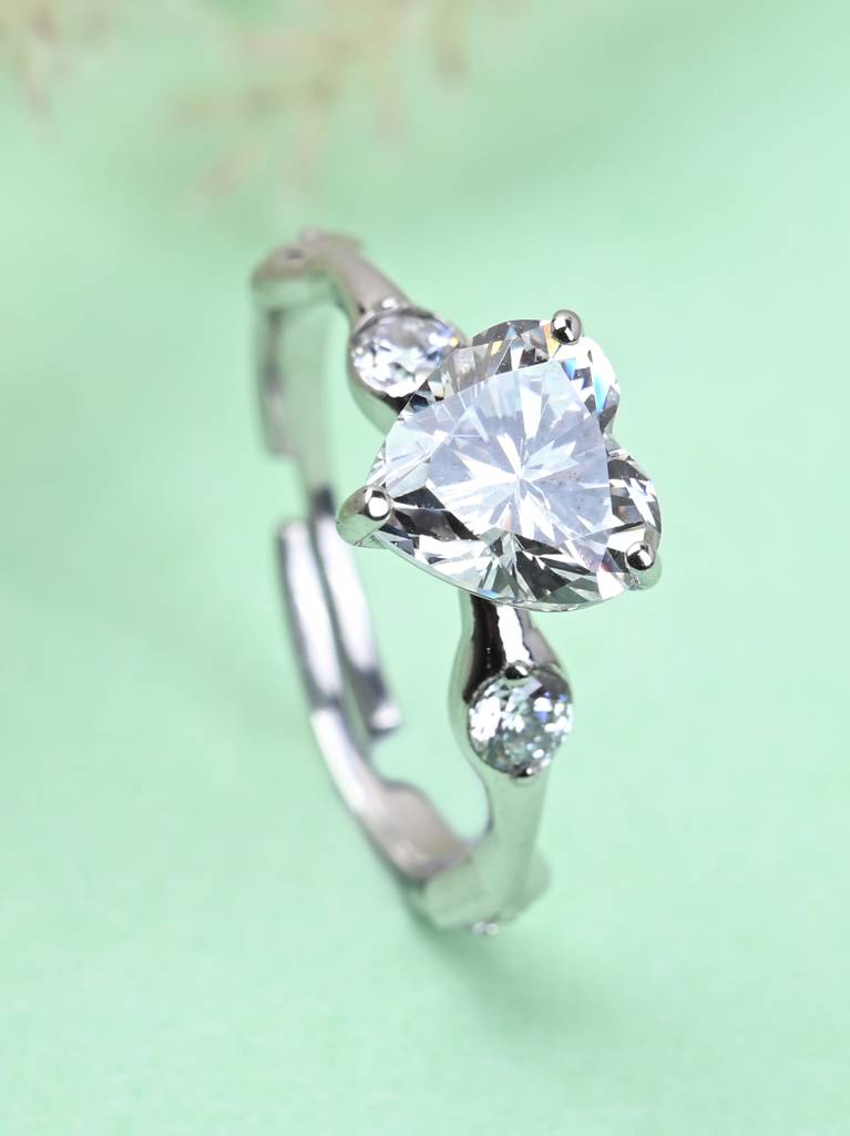 Clara 925 Sterling Silver Swiss Zircon Rhodium Plated Heart Engagement Finger Ring With Adjustable Band : CSFR49