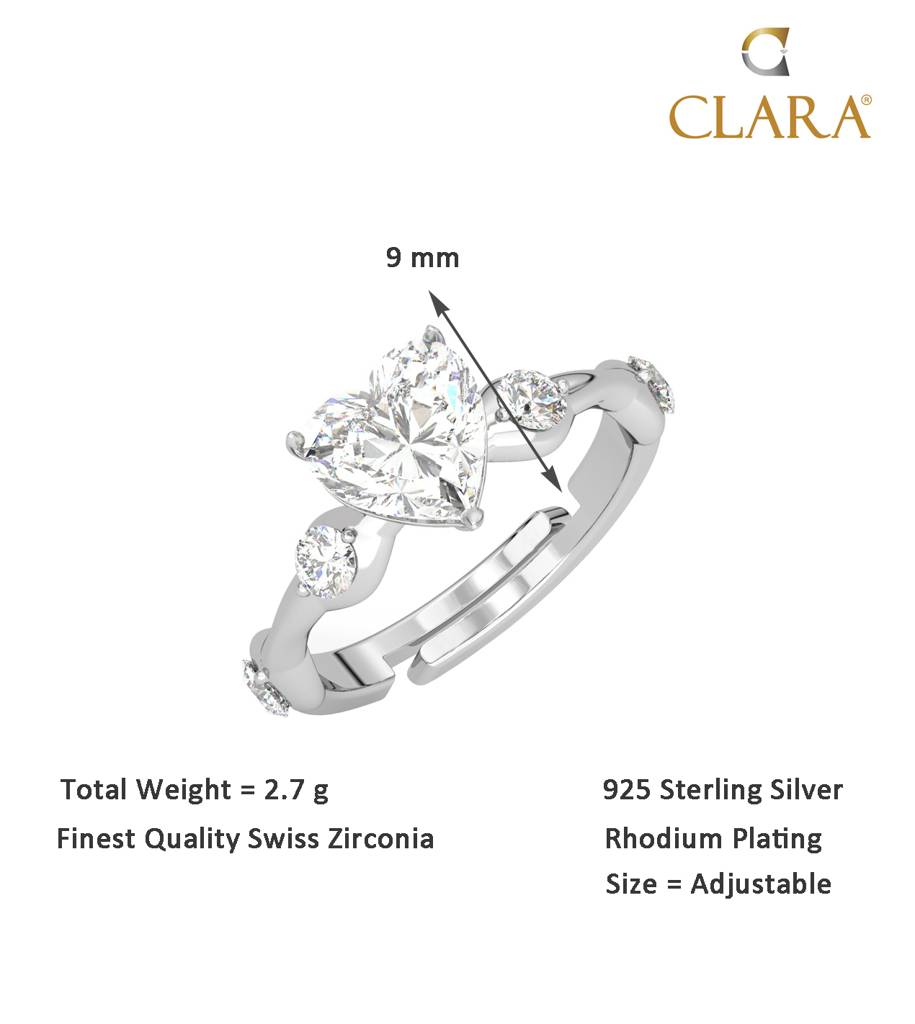 Clara 925 Sterling Silver Swiss Zircon Rhodium Plated Heart Engagement Finger Ring With Adjustable Band : CSFR49