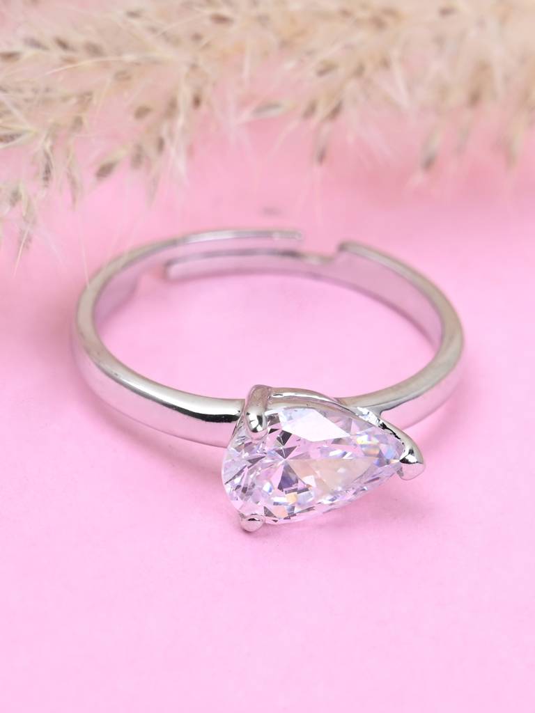 Clara 925 Sterling Silver Swiss Zircon Rhodium Plated Pear Classic Finger Ring With Adjustable Band : CSFR50