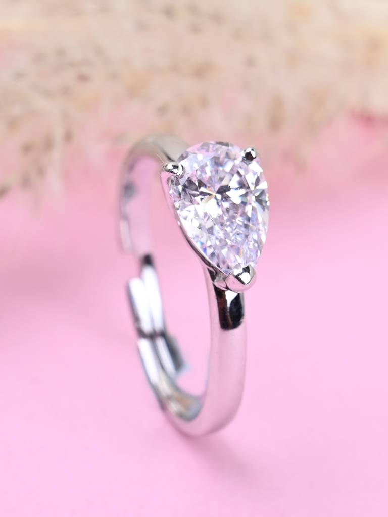Clara 925 Sterling Silver Swiss Zircon Rhodium Plated Pear Classic Finger Ring With Adjustable Band : CSFR50