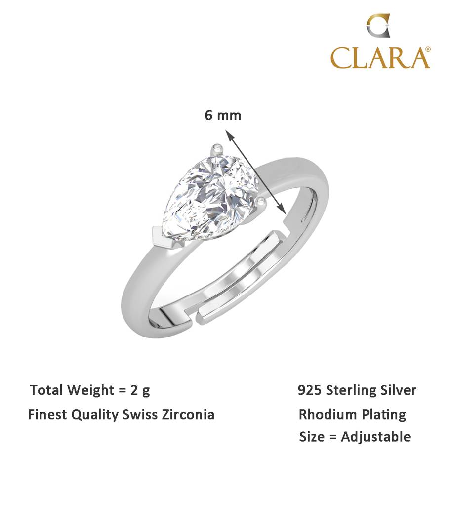 Clara 925 Sterling Silver Swiss Zircon Rhodium Plated Pear Classic Finger Ring With Adjustable Band : CSFR50
