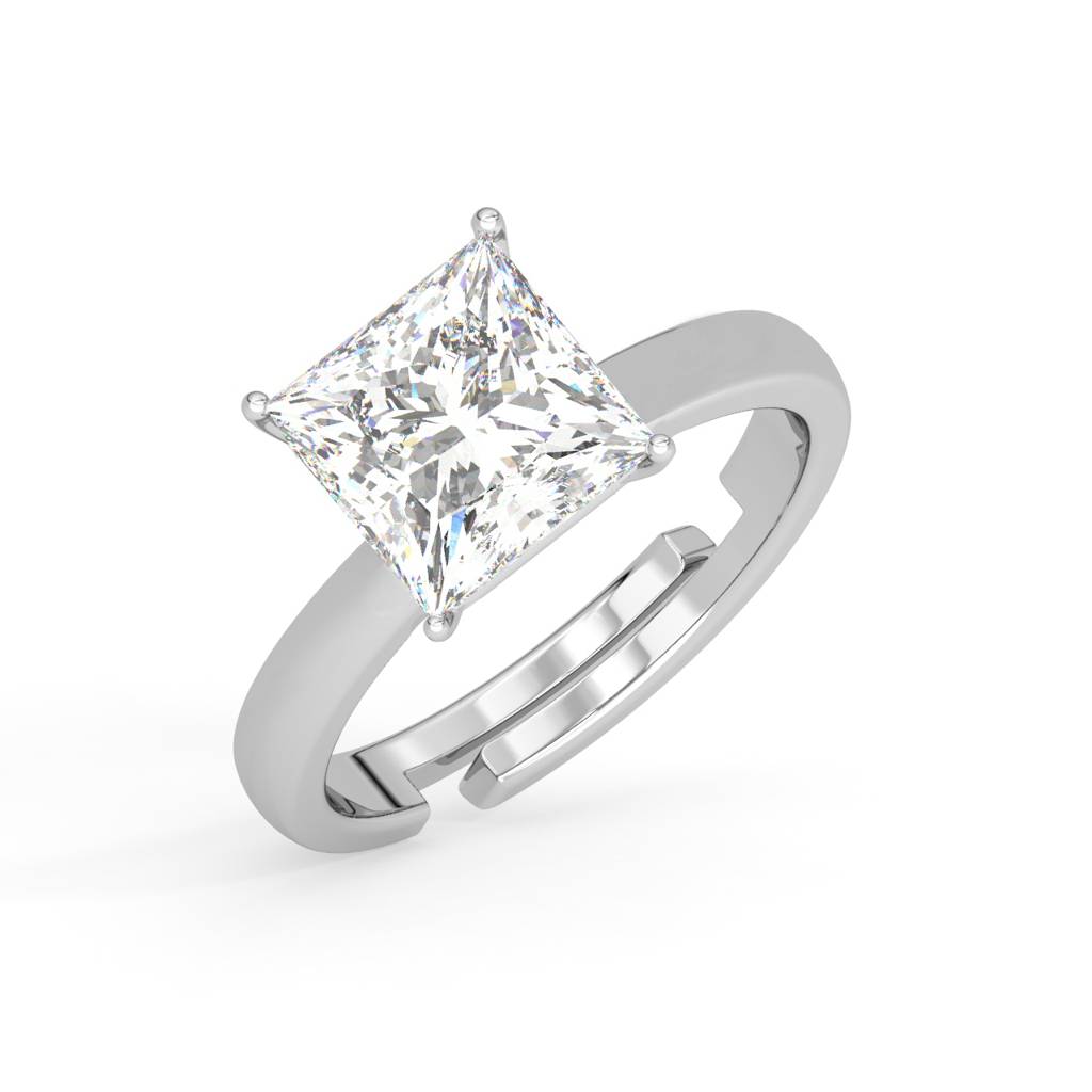 Clara 925 Sterling Silver Swiss Zircon Rhodium Plated Princess Solitaire Finger Ring With Adjustable Band : CSFR52