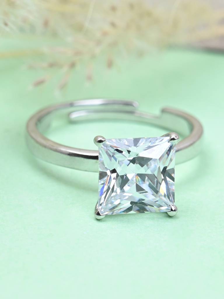 Clara 925 Sterling Silver Swiss Zircon Rhodium Plated Princess Solitaire Finger Ring With Adjustable Band : CSFR52