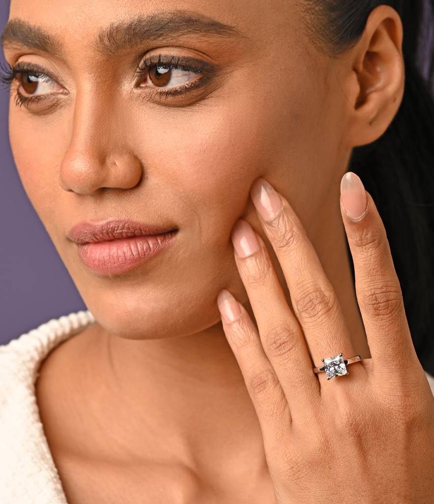 Clara 925 Sterling Silver Swiss Zircon Rhodium Plated Princess Solitaire Finger Ring With Adjustable Band : CSFR52